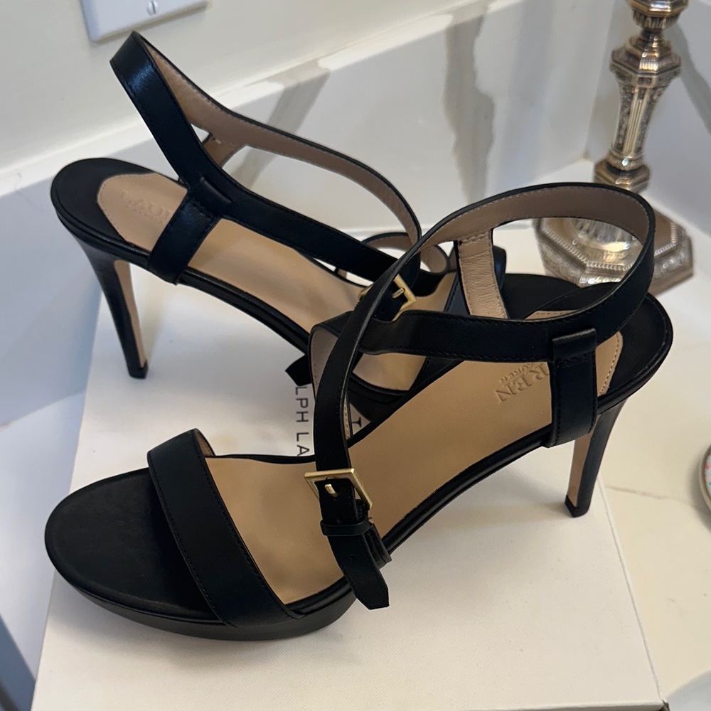 Ralph Lauren Black Leather Strappy High-Heel Sandals with Gold Buckle